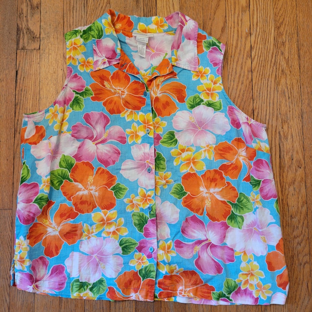 Jones New York 16W Sleeveless Linen Top Floral Tropical Button Up Sport Summer